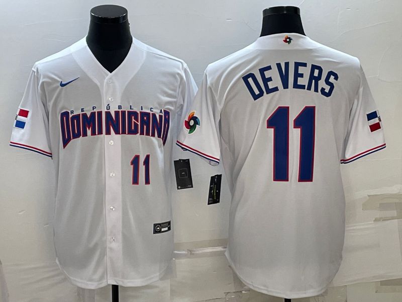 Men 2023 World Cub #11 Devers White Nike MLB Jersey1